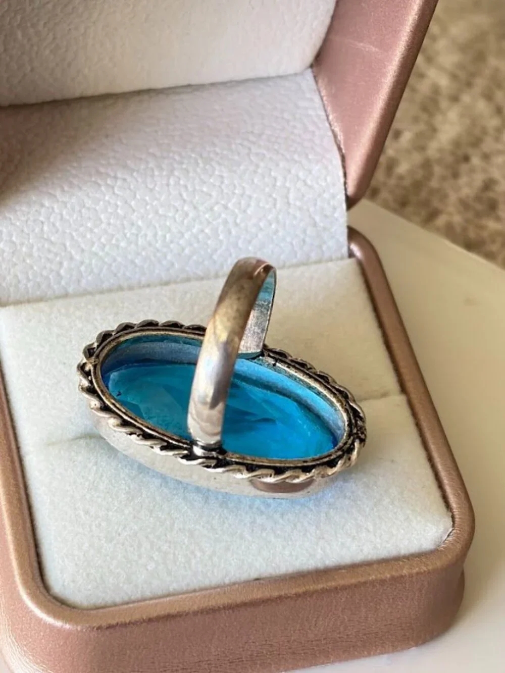 Simulated Blue Topaz Oval Stone Statement Ring 925 Silver Plated - Size 8
